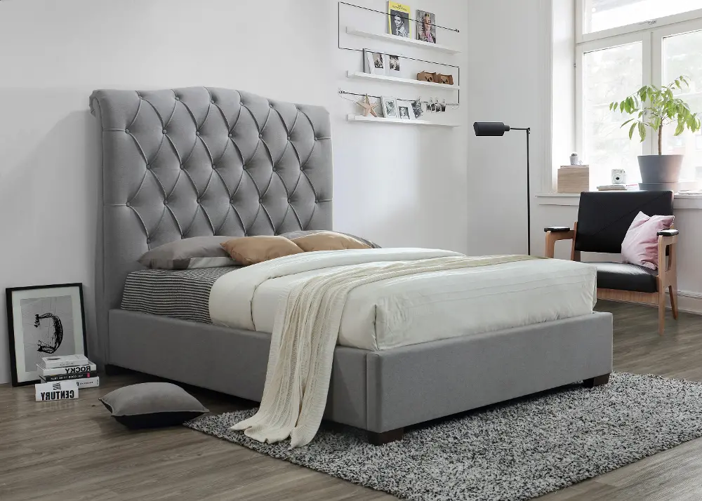 Contemporary Gray Queen Upholstered Platform Bed - Janice-1