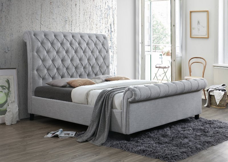 Traditional Gray Queen Upholstered Bed, Tufted Bed Frame Queen