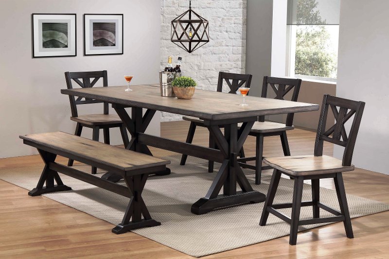 Farmhouse Sand And Black 6 Piece Dining, Farm Table With Bench And Chairs