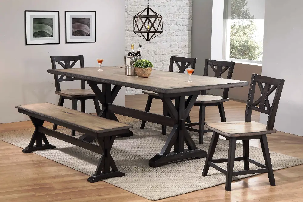 Orlando Farmhouse Sand and Black 6 Piece Dining Set with Bench-1