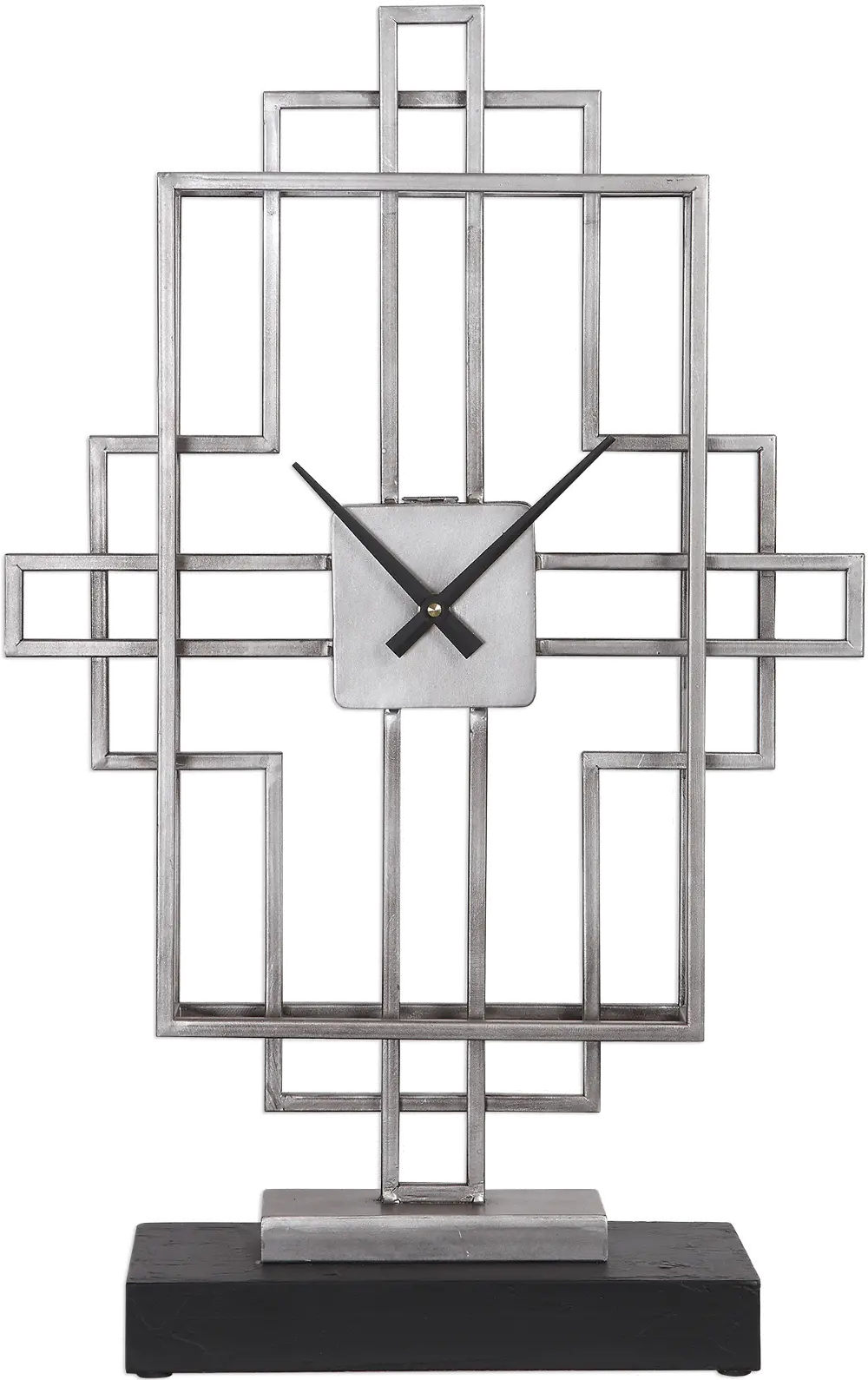 Antique Silver Open Iron Tabletop Clock on an Aged Black Base-1