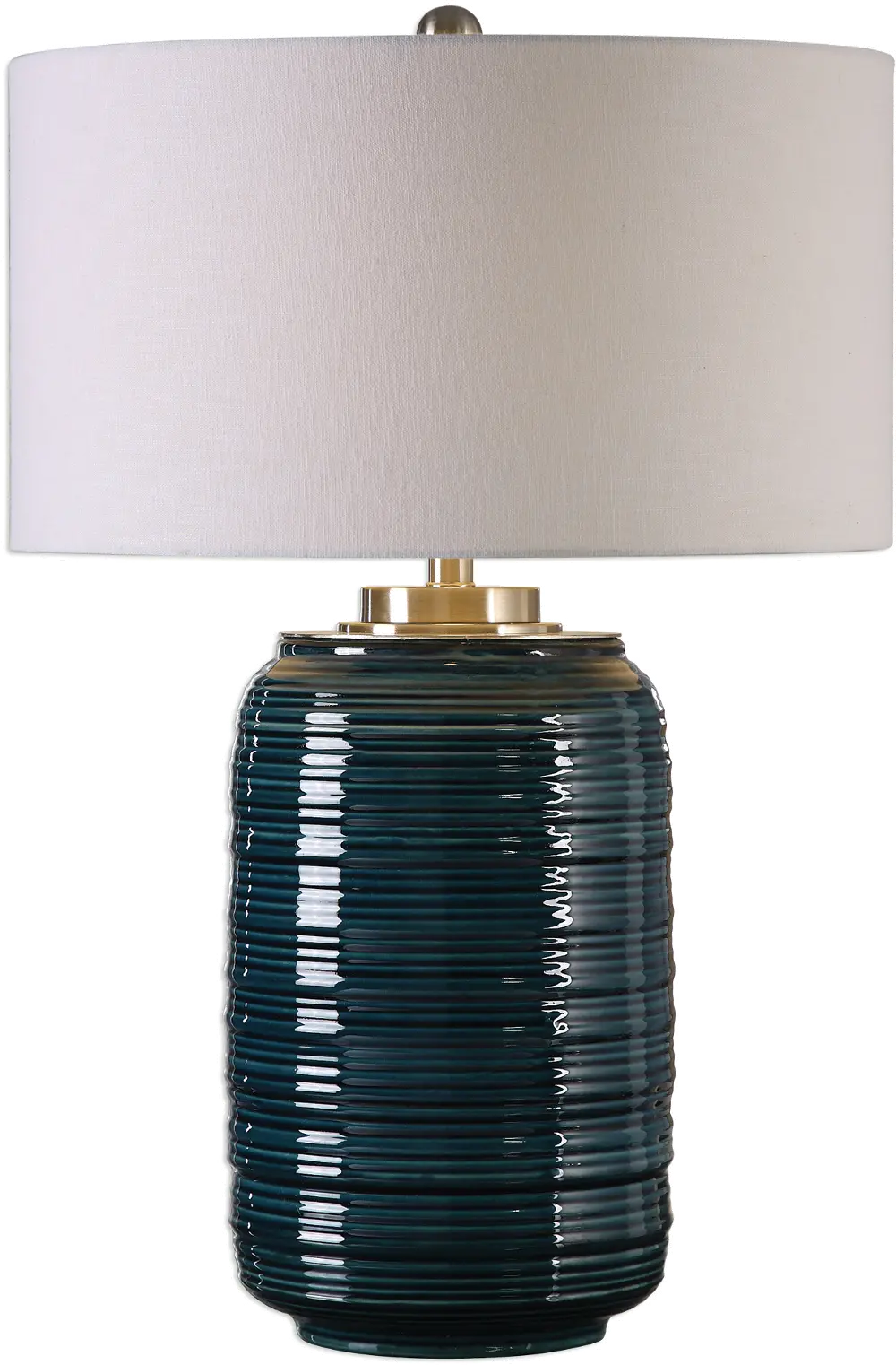 Dark Teal Ribbed Ceramic Table Lamp with Nickel Details-1