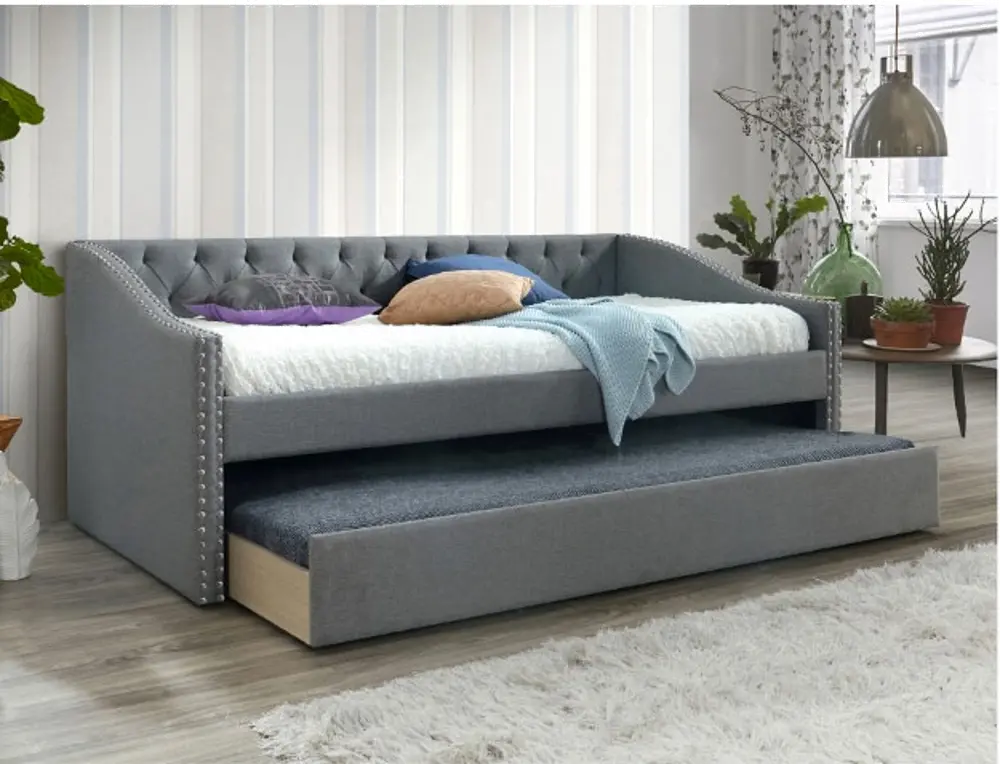 Classic Gray Upholstered Twin Daybed with Trundle - Loretta-1