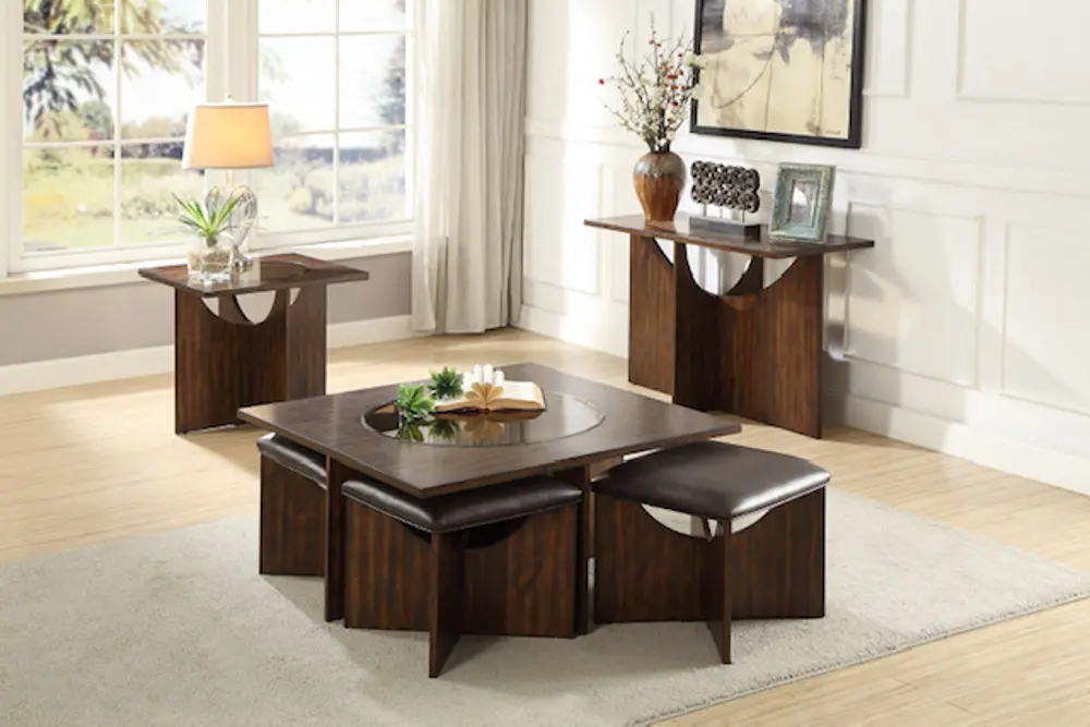 Cherry Brown Coffee Table with Ottomans - Akita-1