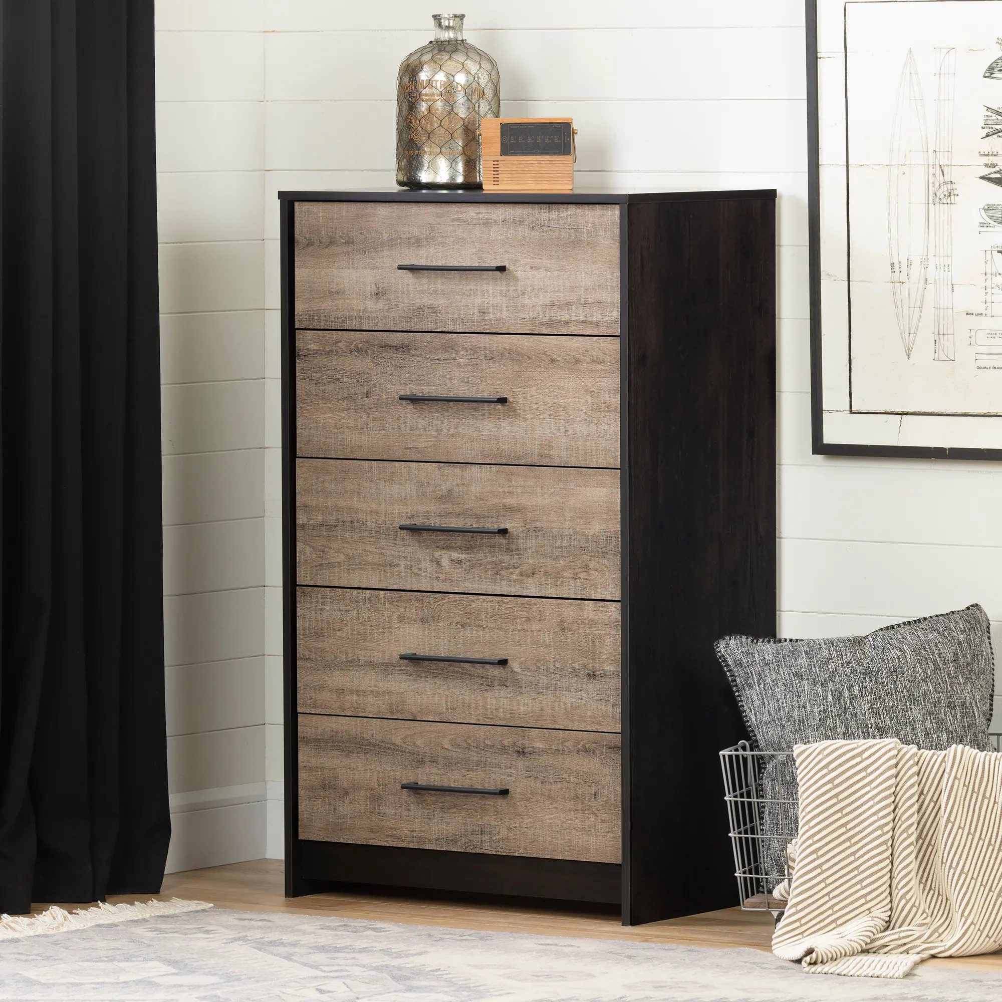 12228 Modern Weathered Oak and Brown 5 Drawer Chest - So sku 12228