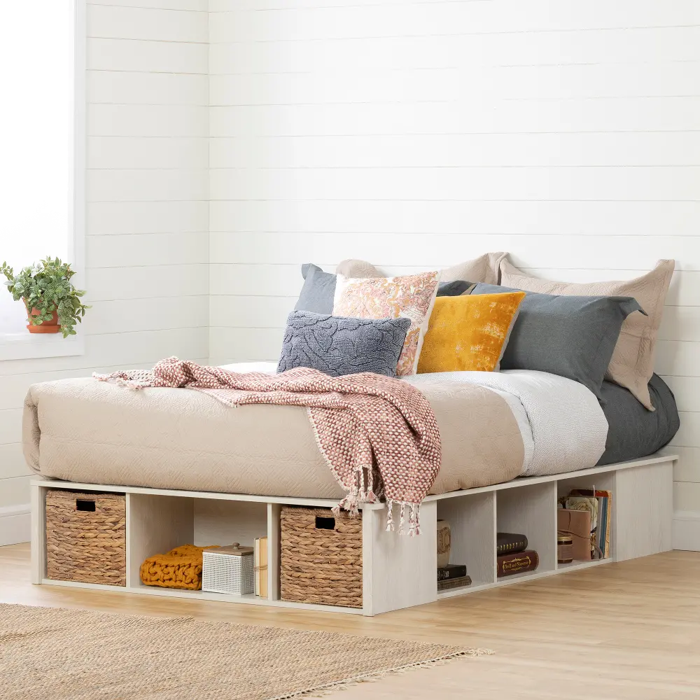 11833 Oak White Full Storage Platform Bed with 2 Baskets - Avilla-1
