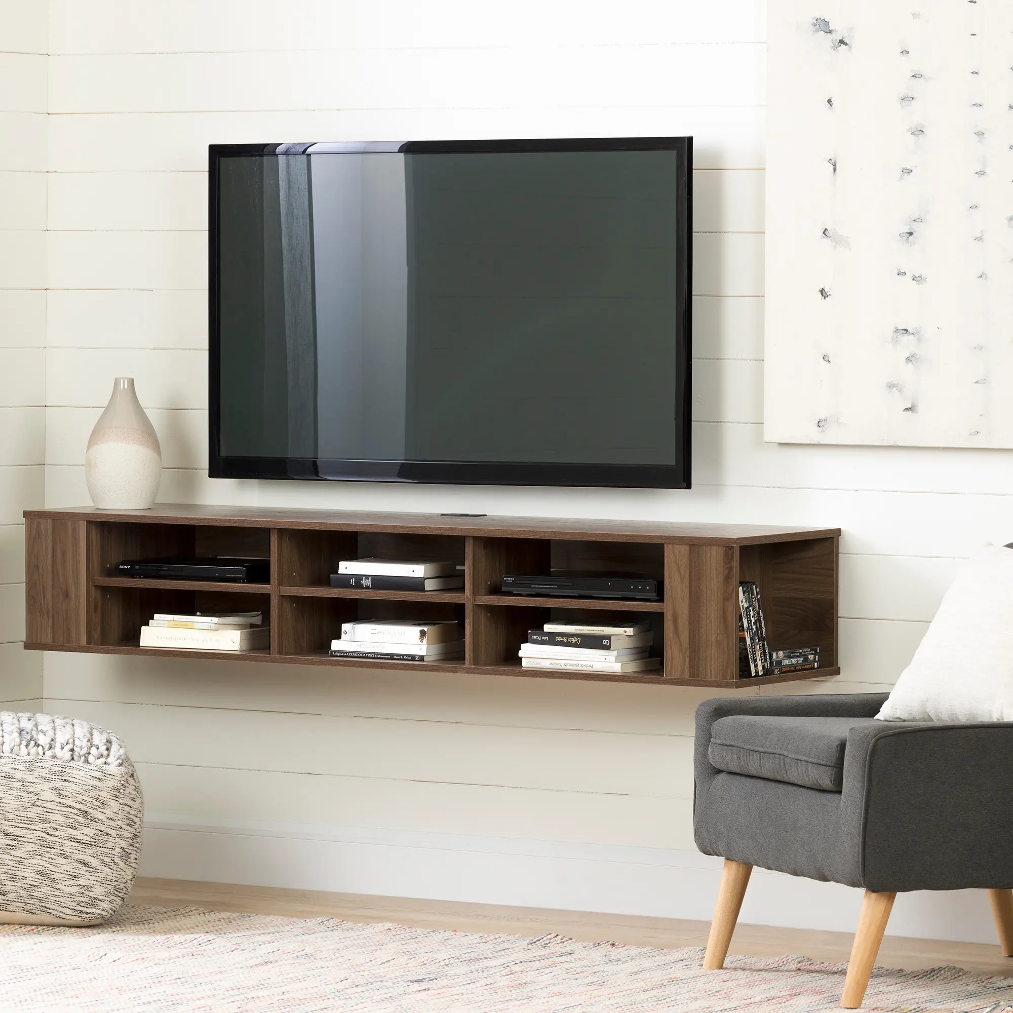 City Life Natural Walnut 66 Inch Wall Mounted TV Stand - South Shore