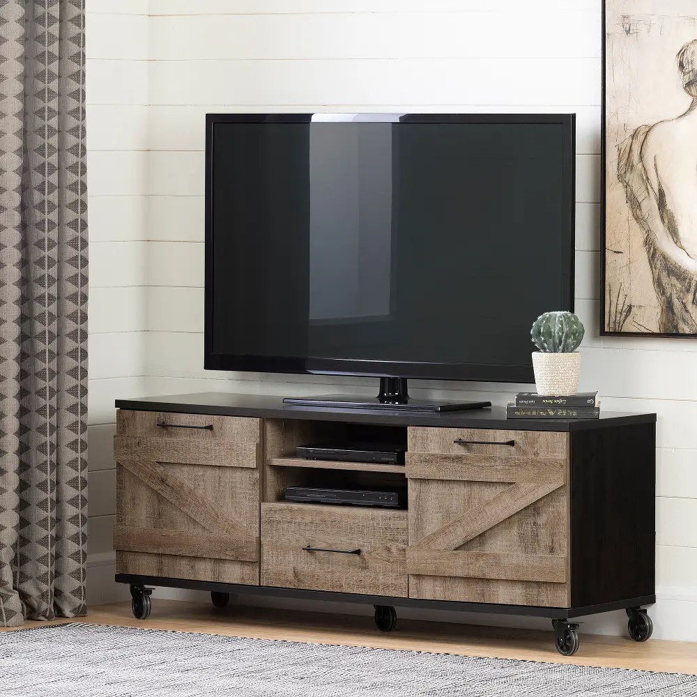 10711 Weathered Oak and Ebony 60 Inch Rolling TV Stand - Valet-1