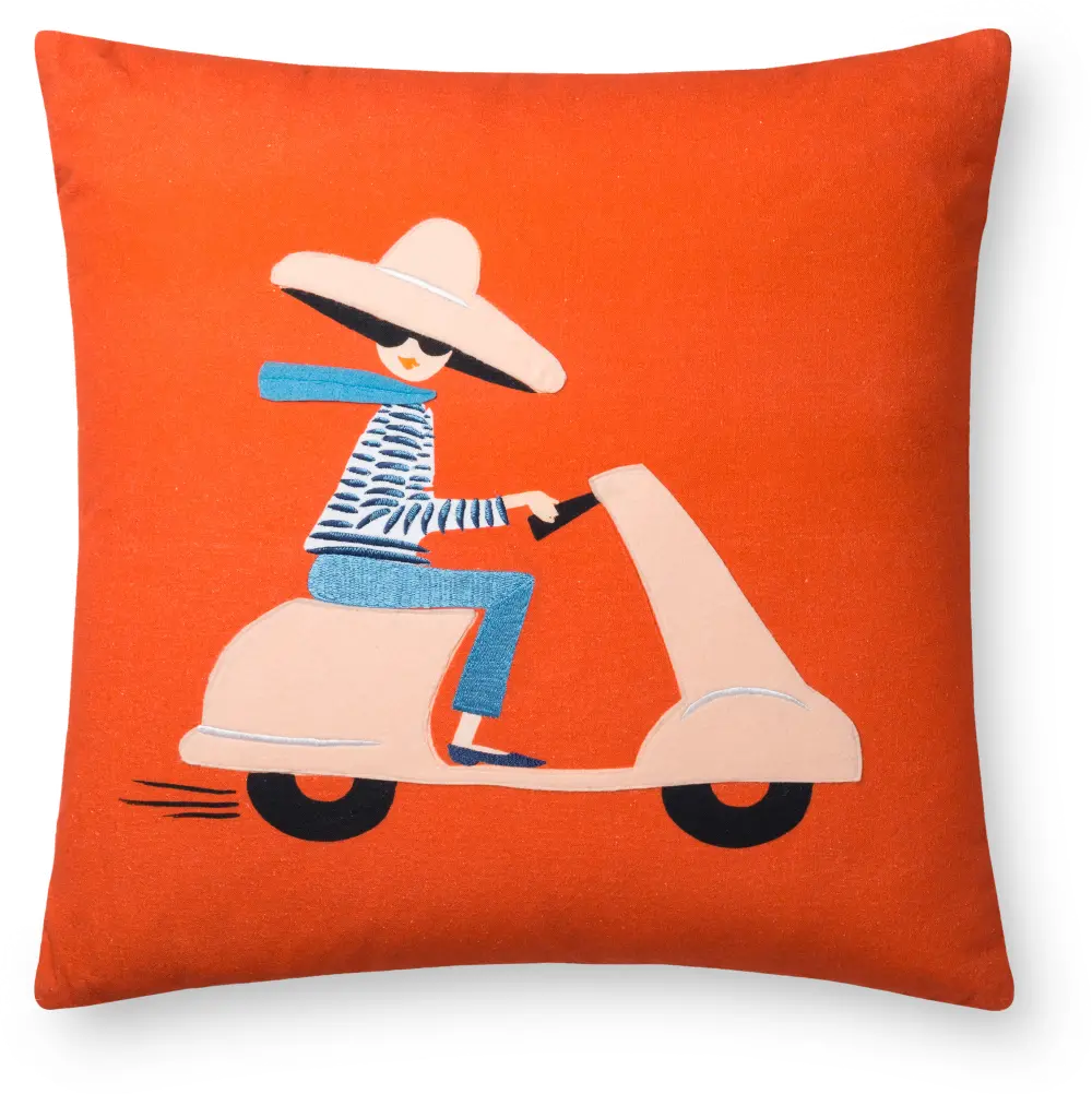 P6003-RP-RED/MULTI Rifle Paper Co. Red and Multi Color Embroidered Woman on Scooter Throw Pillow-1