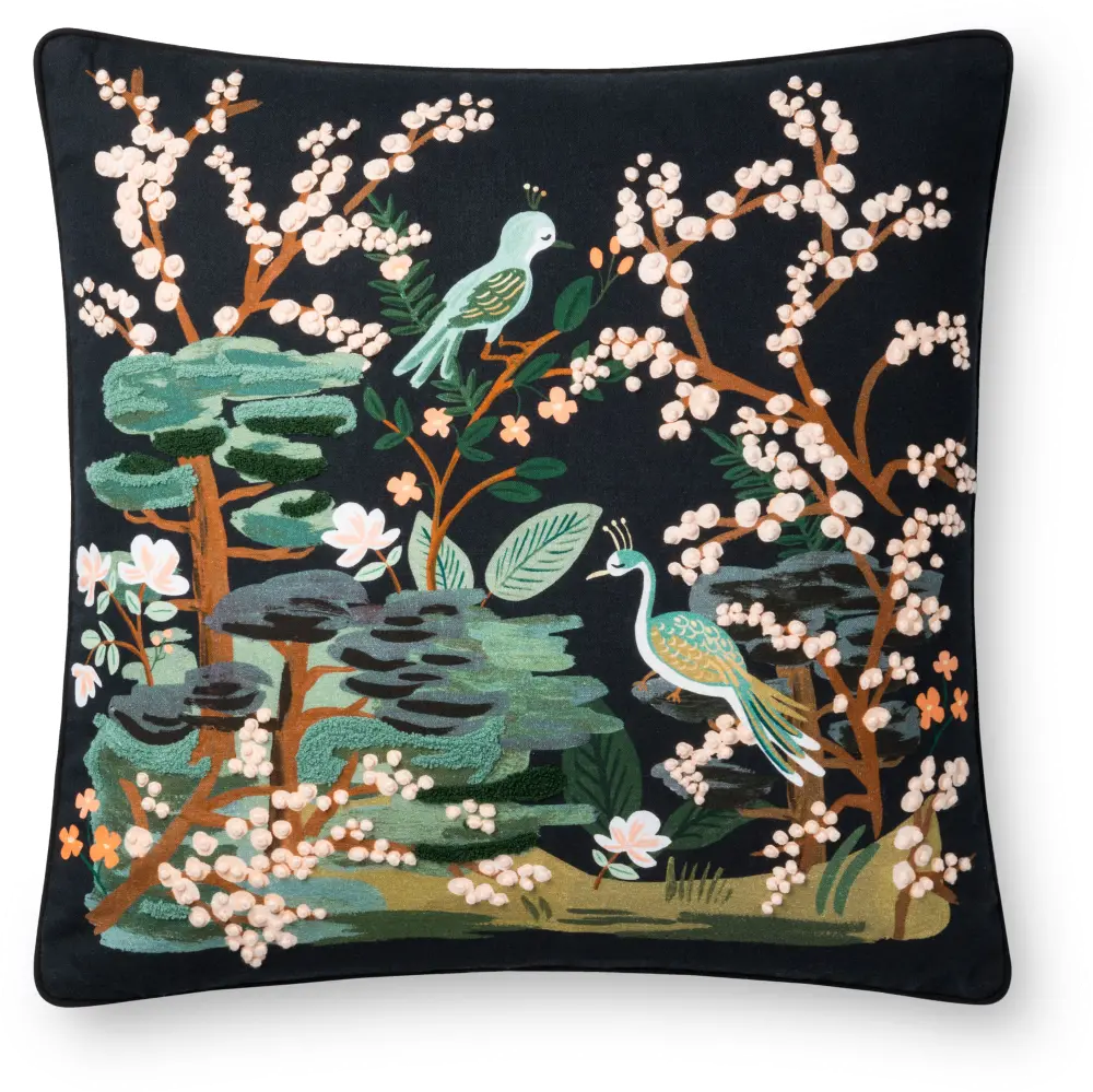 P6017-RP-BLACK/MULTI Rifle Paper Co. Black and Multi Color Bird Print and French Knot Throw Pillow-1