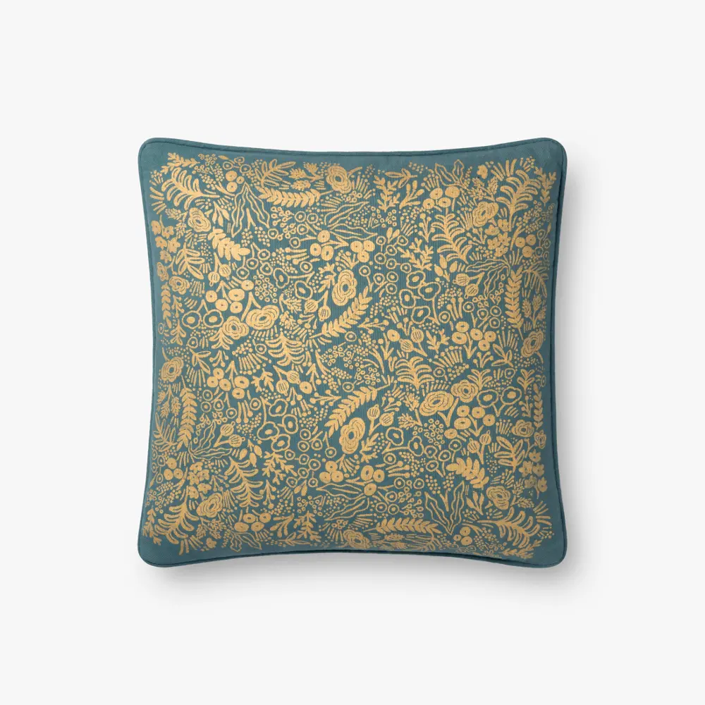 P6029-RP-EMERALD Emerald and Gold Metallic Floral Printed Throw Pillow-1