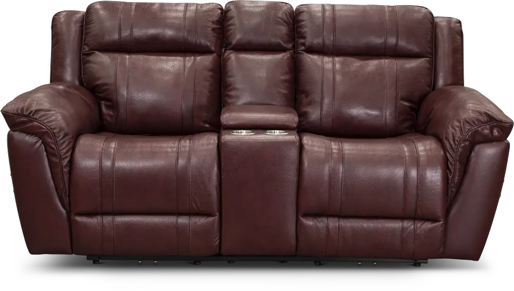 Chili Red Leather-Match Power Reclining Console Loveseat with Adjustable Headrest - Trent-1