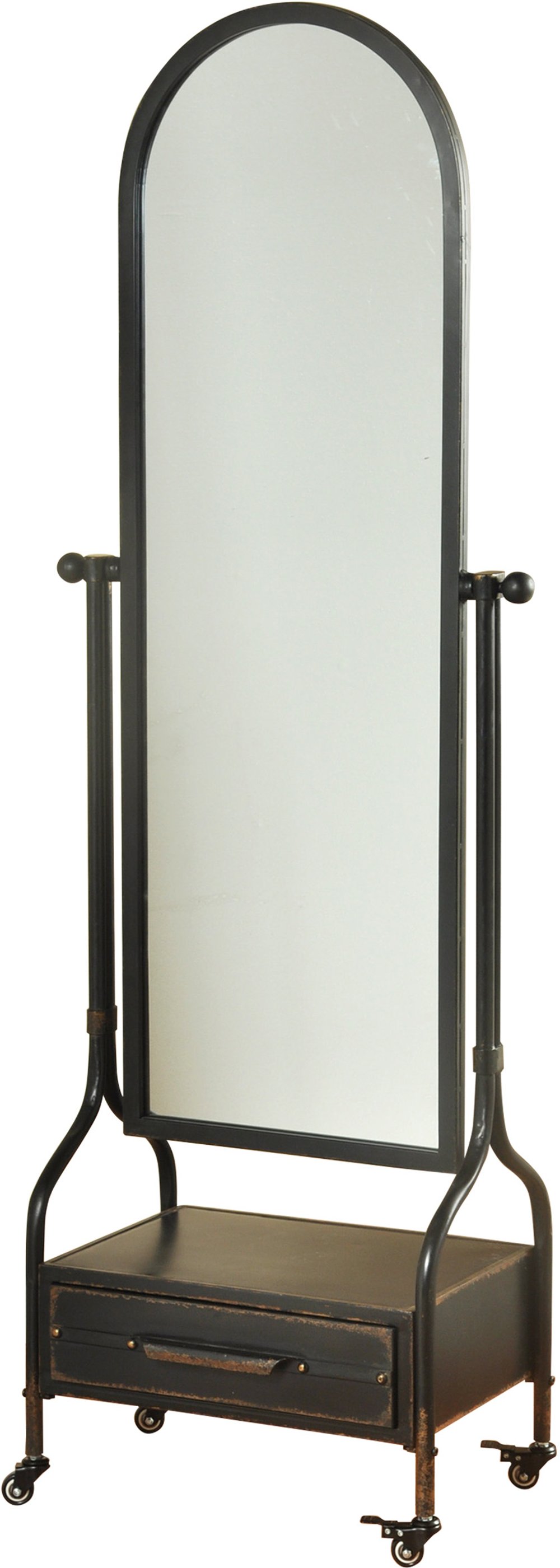 Blackened Gray Galvanized Cheval Mirror With Storage Drawer