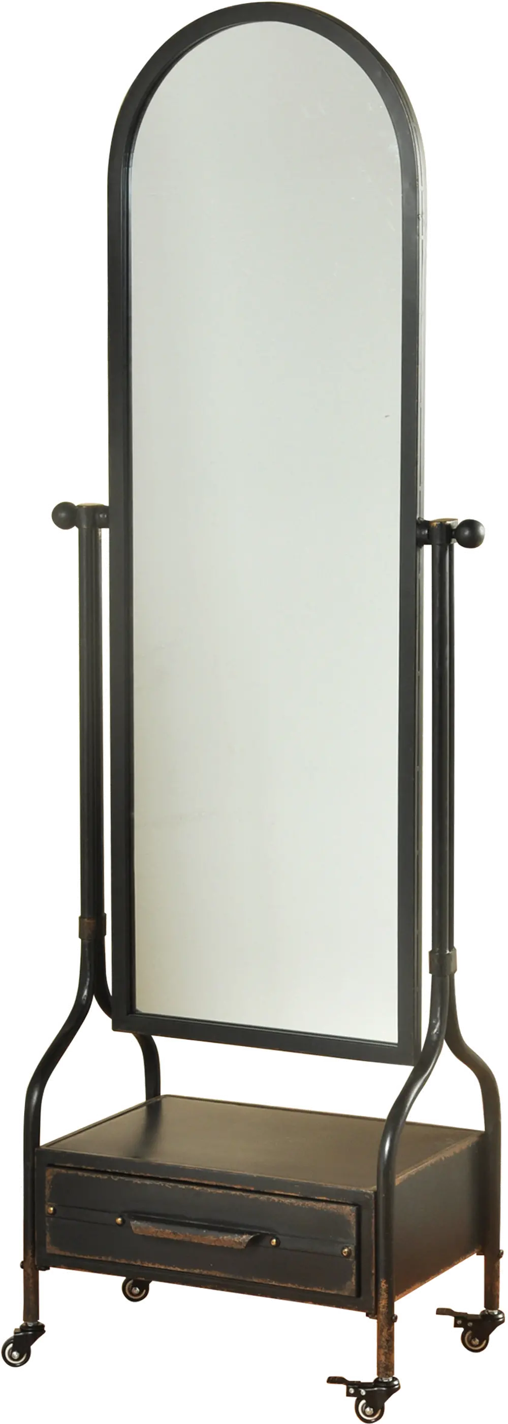 Blackened Gray Galvanized Cheval Mirror With Storage Drawer-1