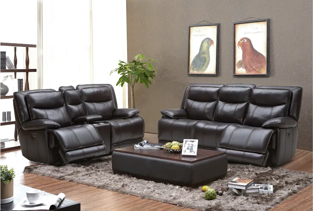 Blackberry Leather-Match Power Reclining Living Room Set - Triple-Play-1