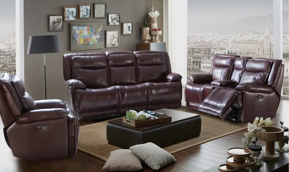 Bordeaux Burgundy Leather-Match Power Reclining Living Room Set - Triple-Play-1
