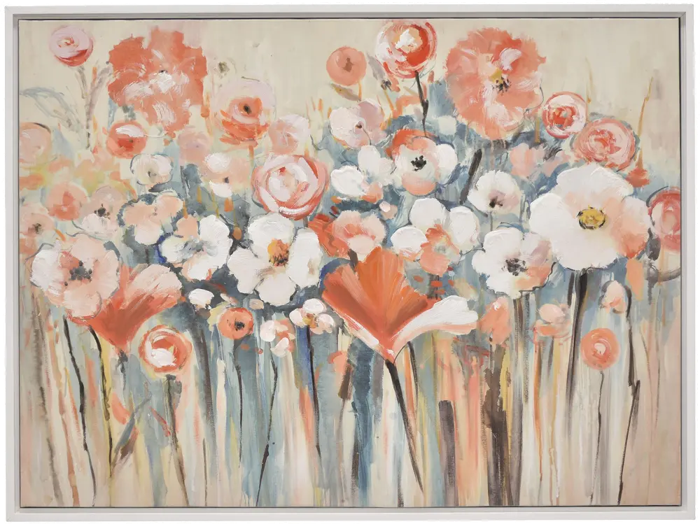White and Coral Floral Oil on Canvas Painting with Frame-1
