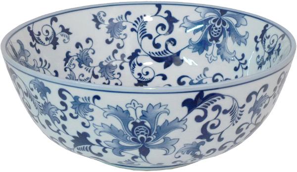 13 Inch White and Blue Floral Ceramic Bowl