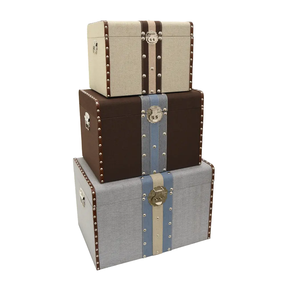 15 Inch Ivory and Brown Stripe Storage Trunk-1
