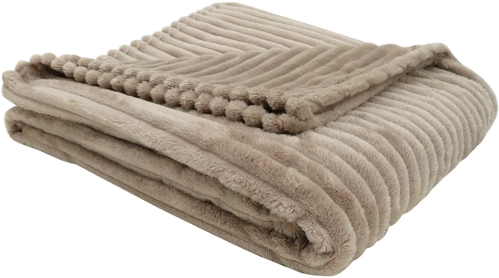 Beige Ribbed Ultra Soft Faux Fur Transitional Throw Blanket-1