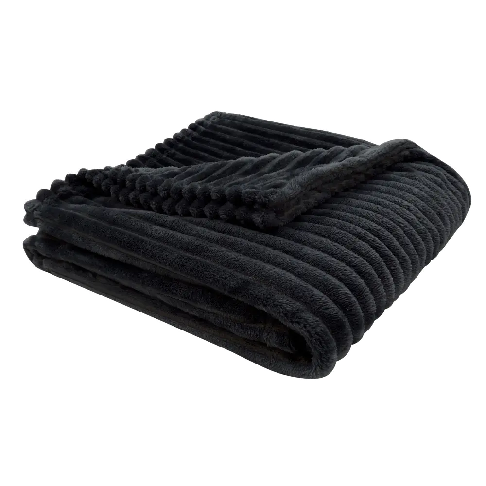 Black Ribbed Ultra Soft Faux Fur Transitional Throw Blanket-1