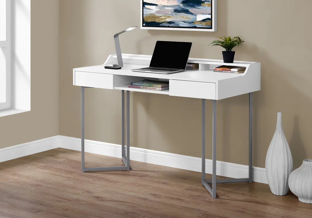 White and Silver Metal 48 Inch Computer Desk -1