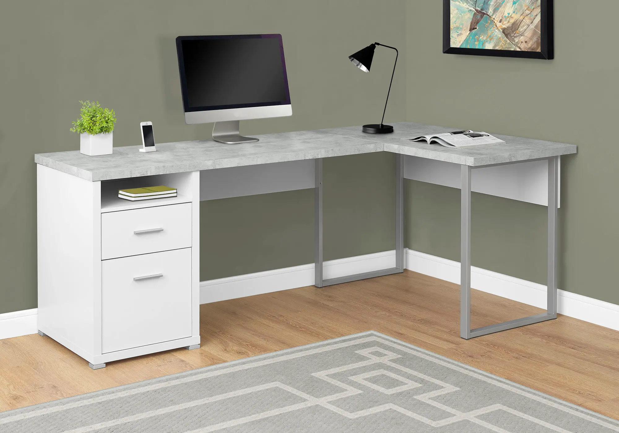 Photos - Office Desk Monarch Specialties White and Concrete Gray L-Shaped Computer Desk I 7258 