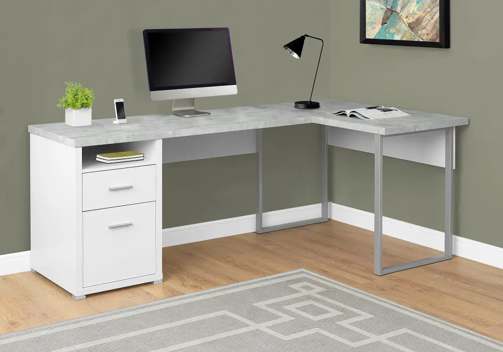 White and Concrete Gray L-Shaped Computer Desk-1