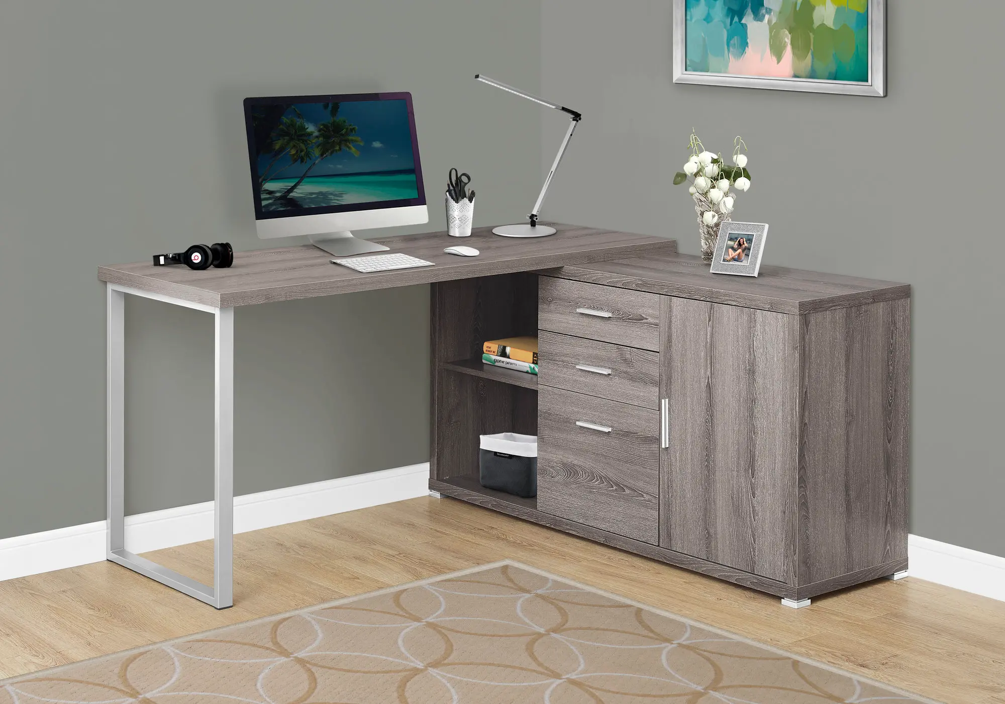 Dark Taupe 60 Inch L-Shaped Computer Desk