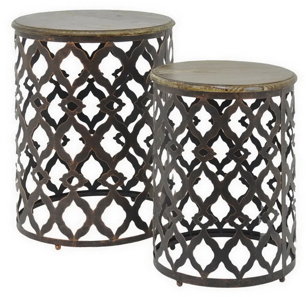 Metal Quatrefoil Round and Wooden Top Tables - Set of 2-1
