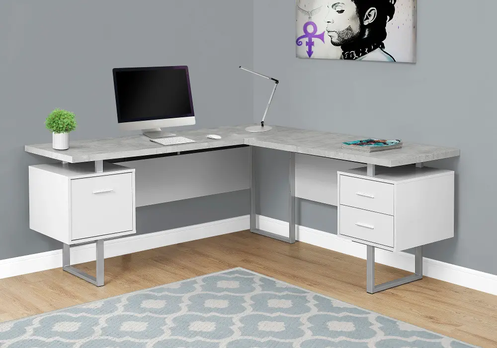 White and Cement Gray 60 Inch L-Shaped Computer Desk-1