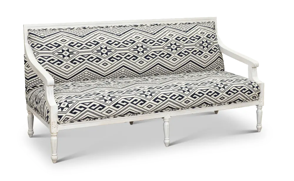 Jocelyn Blue Geometric Patterned Settee with Exposed Wood Frame-1