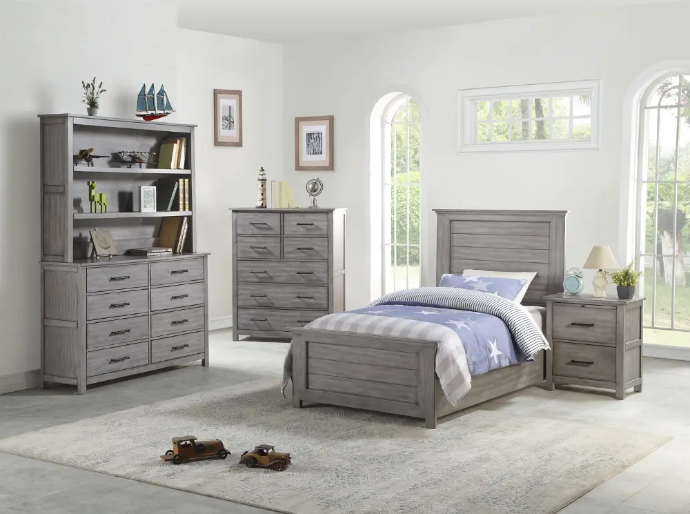 Gray 4 Piece Twin Bedroom Set with Dresser Hutch - Edgewood-1