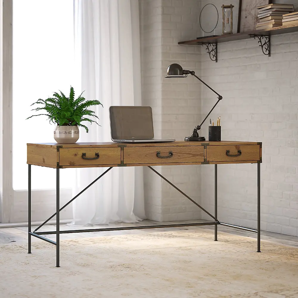 KI50105-03 Industrial Golden Pine Writing Desk with Drawers -  Ironworks-1