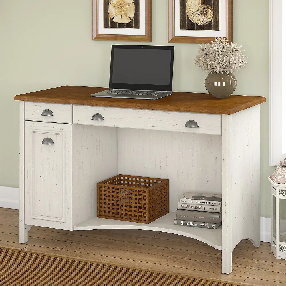WC53218-03 Antique White and Tea Maple Computer Desk with Drawers - Stanford-1