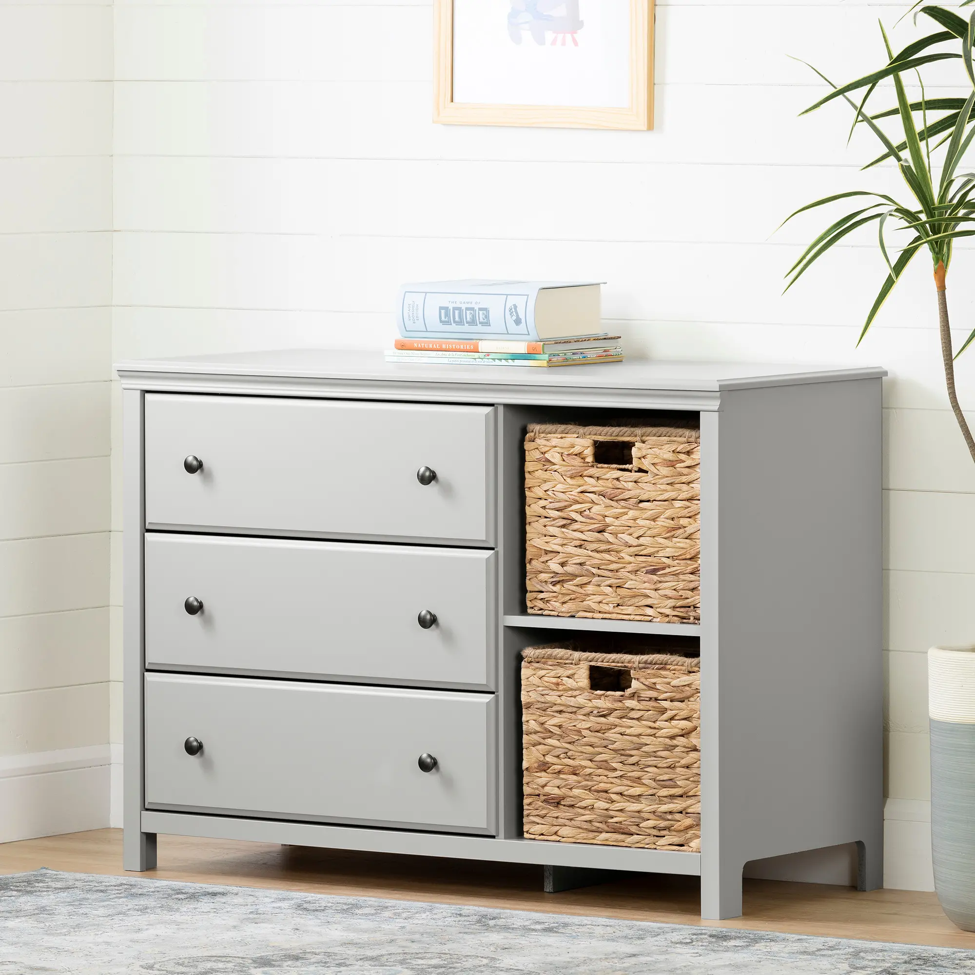 Cotton Candy Gray 3 Drawer Dresser with Baskets - South Shore