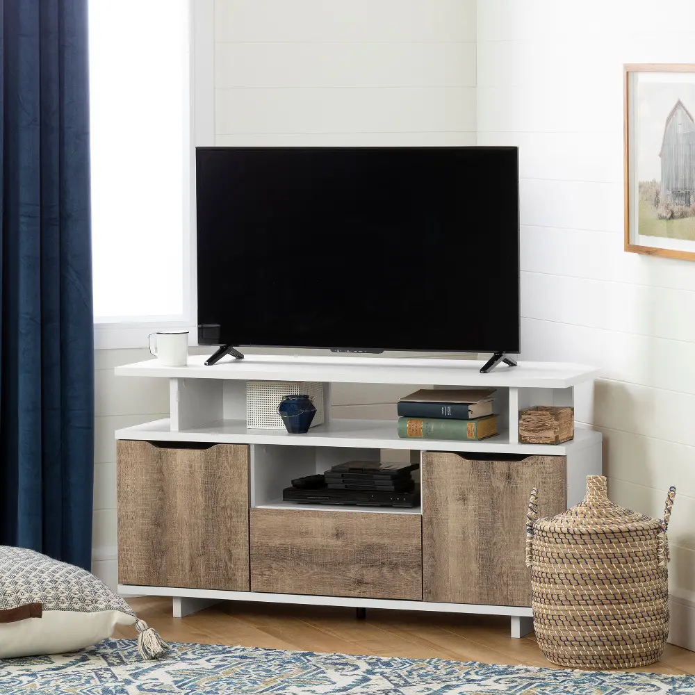 12209 Pure White and Weathered Oak Corner TV Stand - Reflekt-2