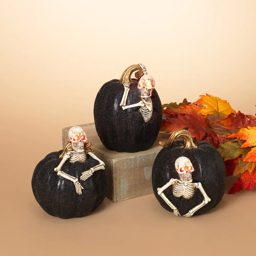 Assorted Lighted Black Resin Pumpkin with Skeleton and Timer-1