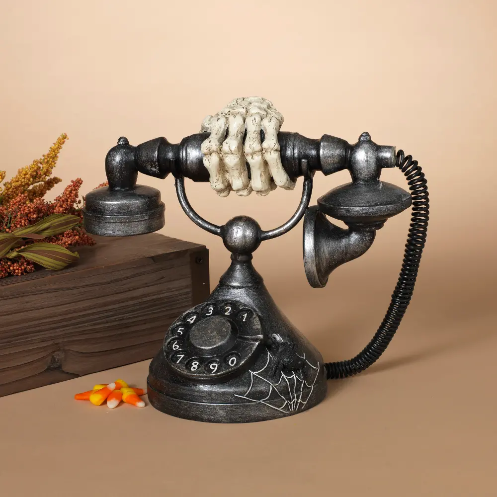 Resin Antique Telephone with Skeleton Hand and Sound Sensor-1