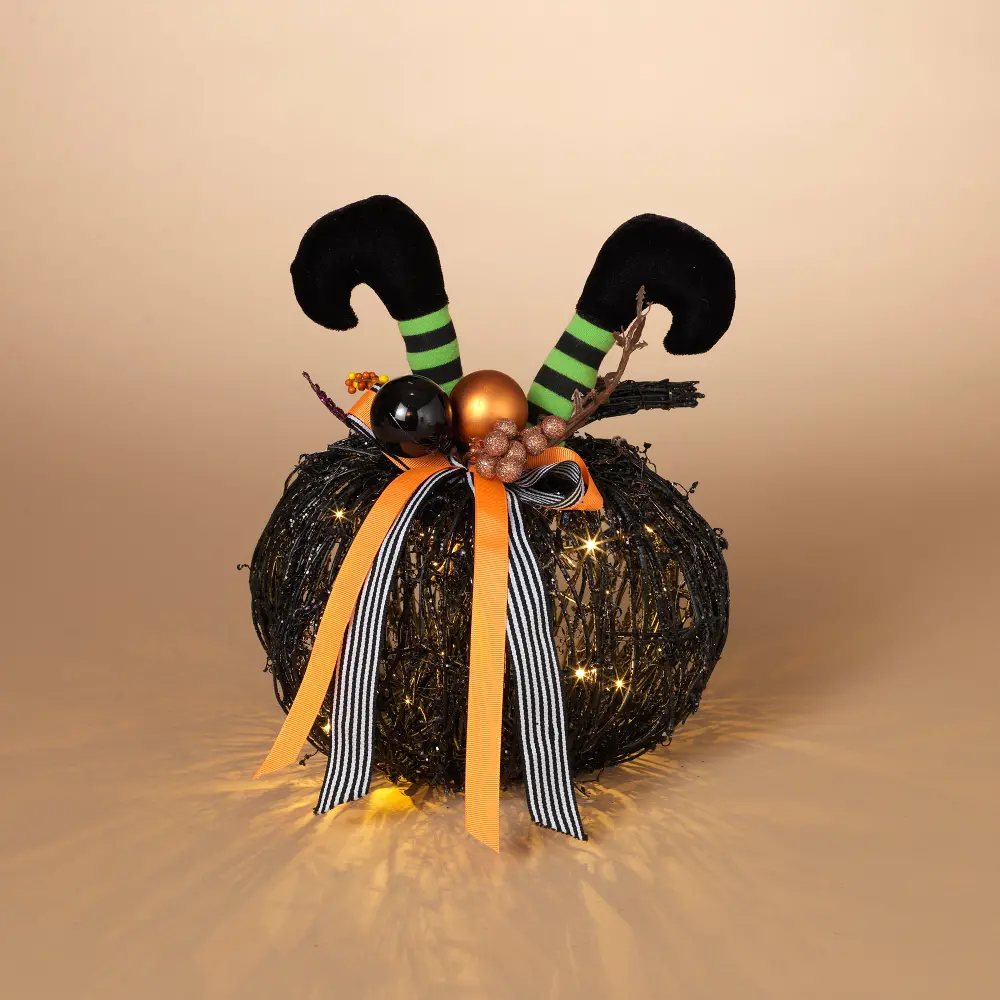 12 Inch Lighted Vine Halloween Pumpkin with Witch Legs-1