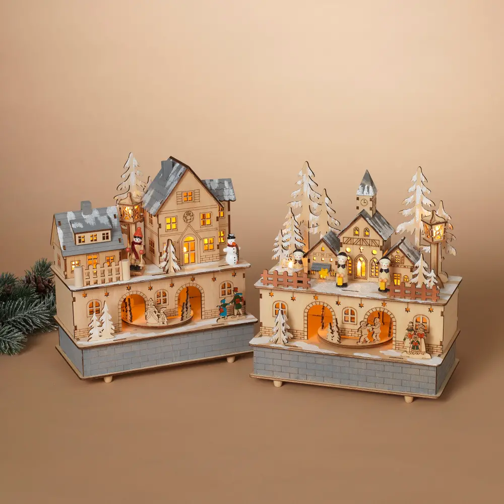 Assorted Light Up and Musical Wood Village with Moving Scene-1