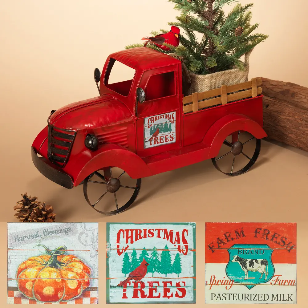 Antique Red Metal Truck with 3 Seasons-1
