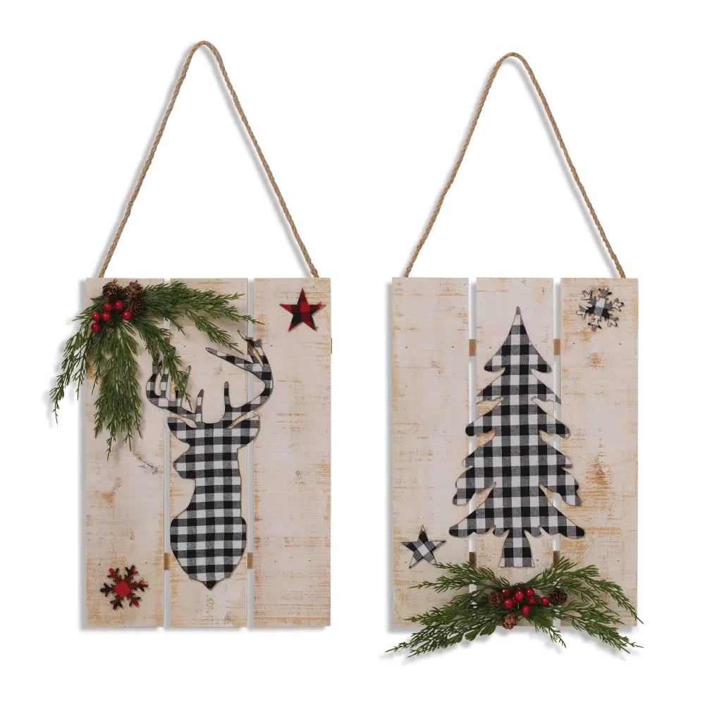 Assorted Wooden Holiday Wall Hanging with Plaid Silhouette-1