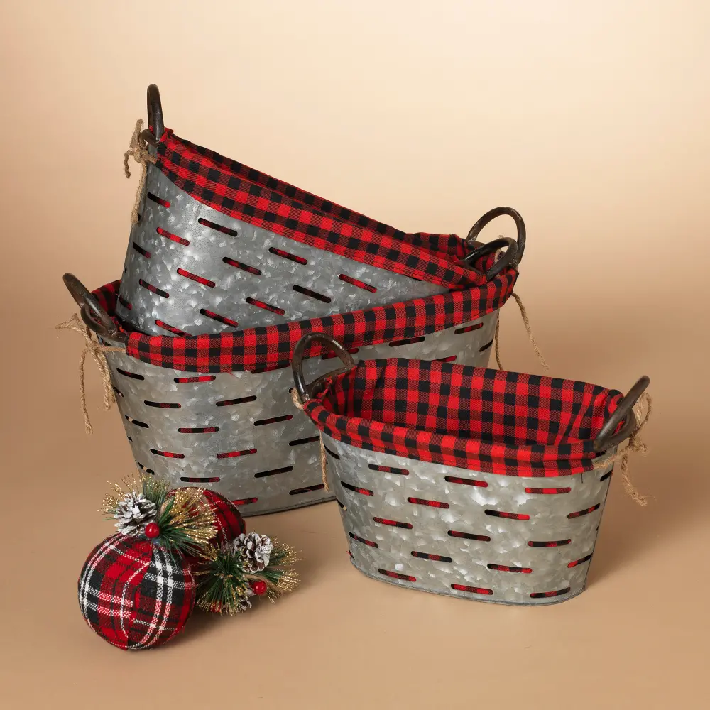 17 Inch Metal Basket with Red and Black Plaid Liner-1