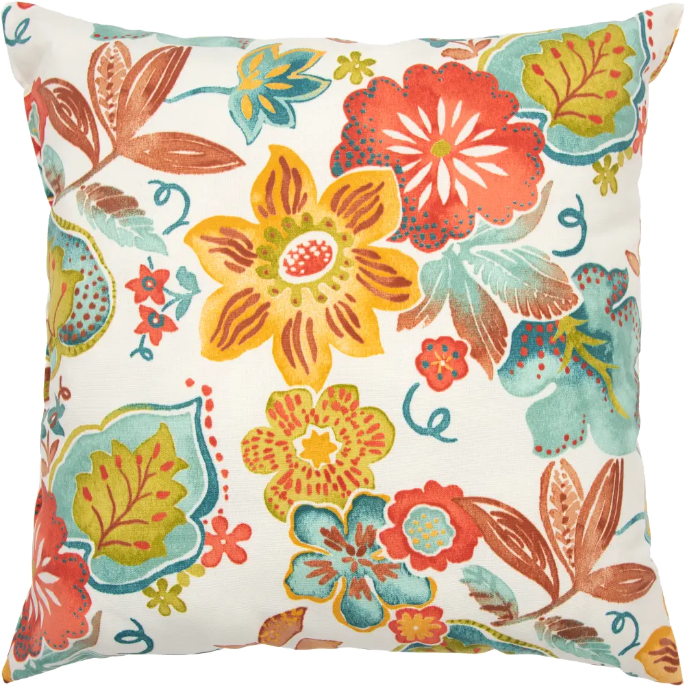 White and Multi Color Floral Indoor-Outdoor Throw Pillow-1