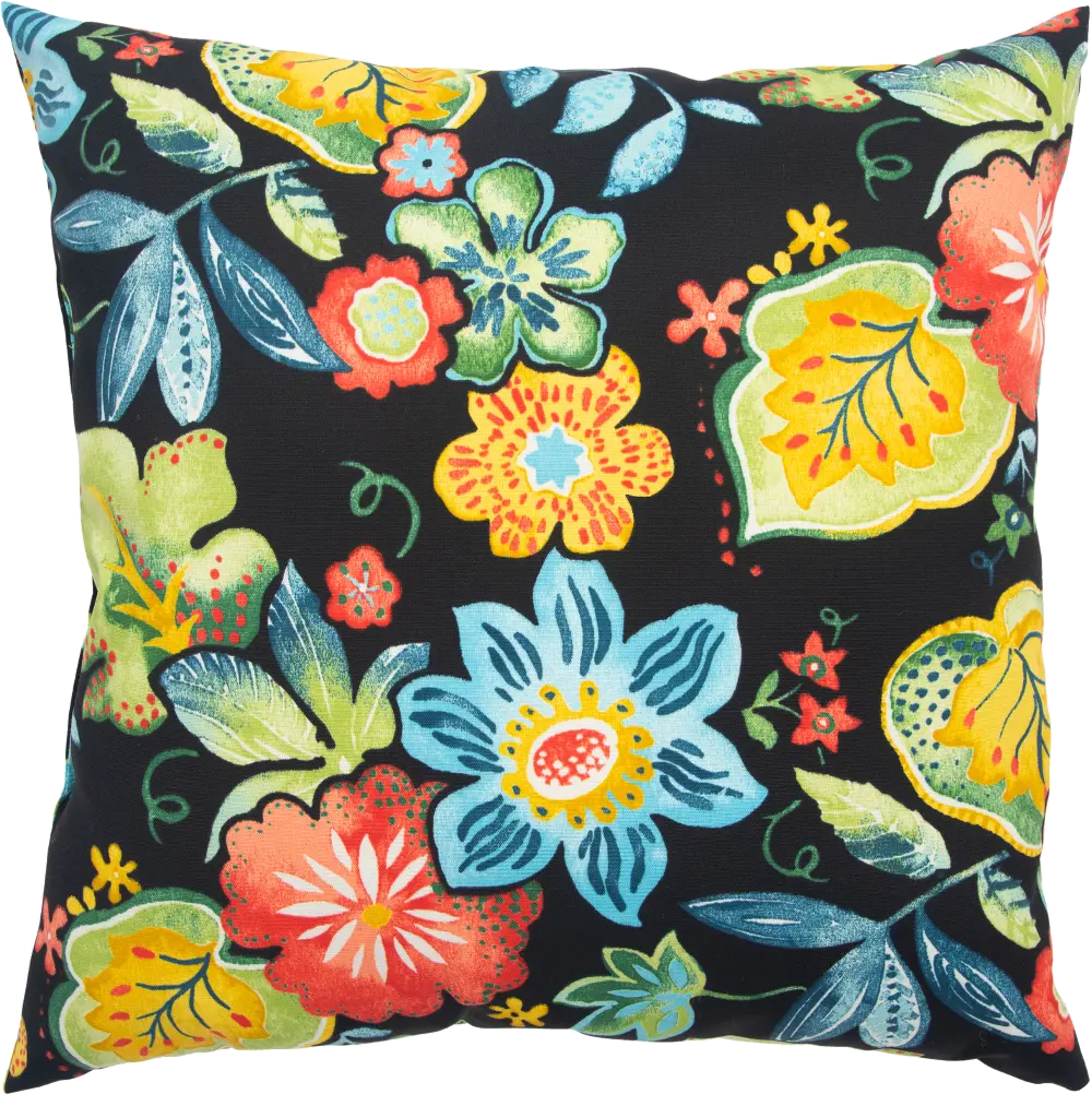 Black and Multi Color Floral Indoor-Outdoor Throw Pillow-1