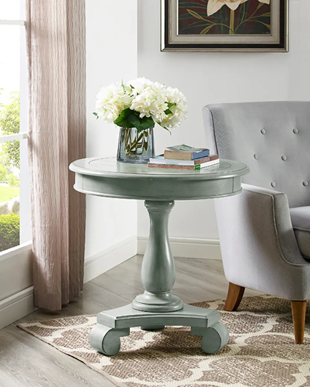 Wooden Gray Round Pedestal Accent Table - Constance-1