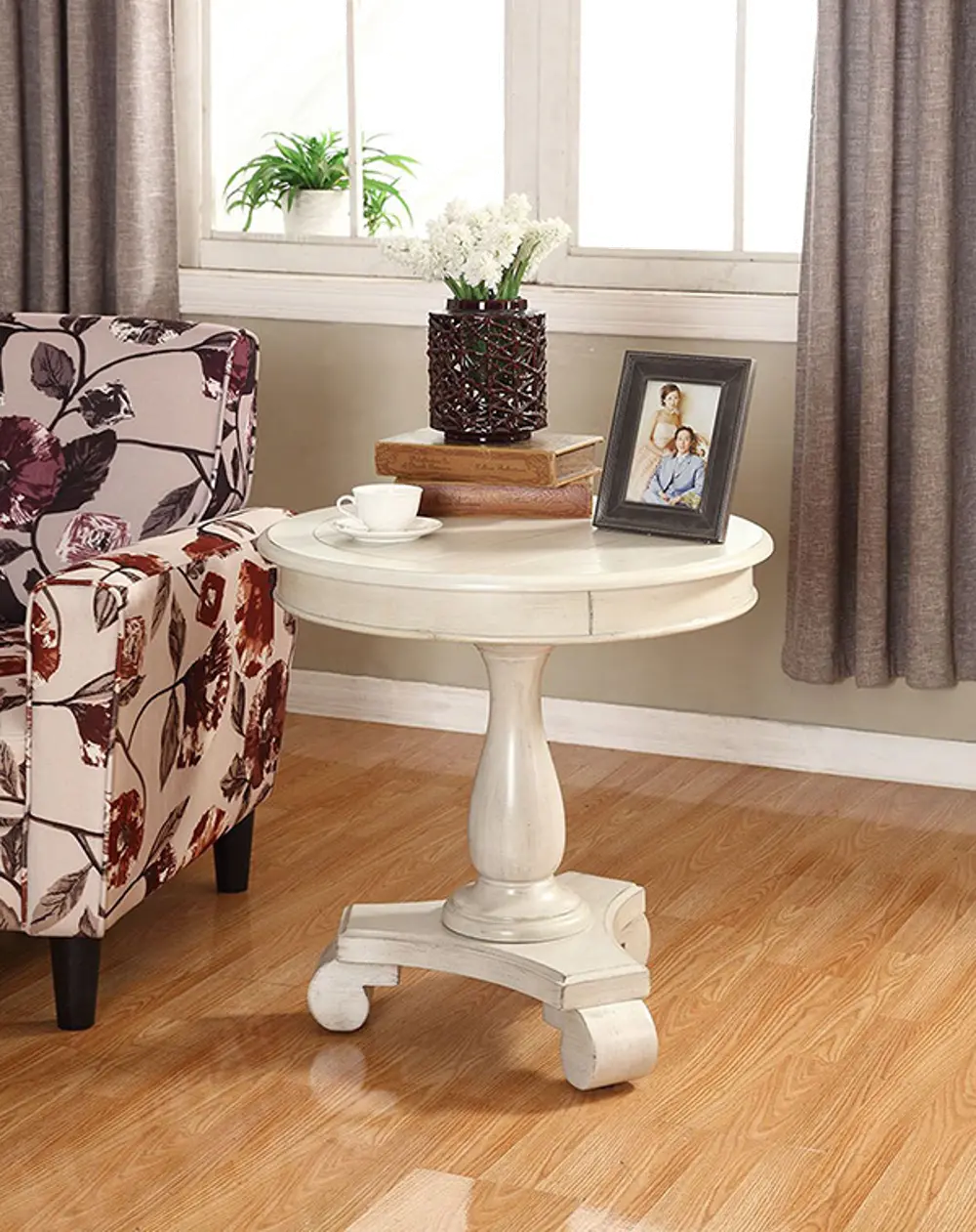 Wooden Ivory Round Pedestal Accent Table - Constance-1