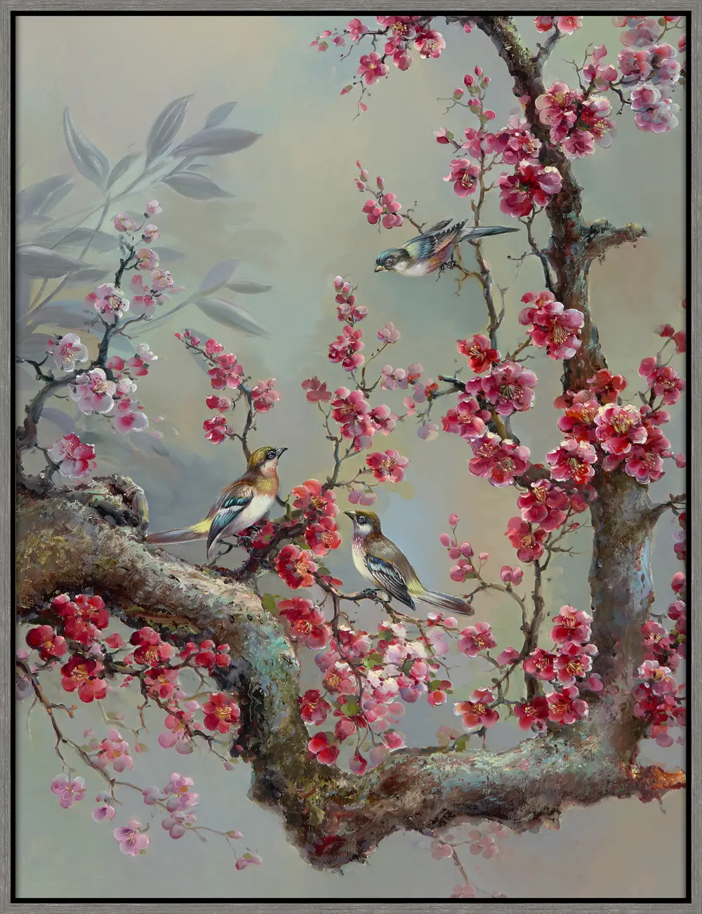 Multi Color Floral Branch and Birds Canvas Framed Wall Art-1