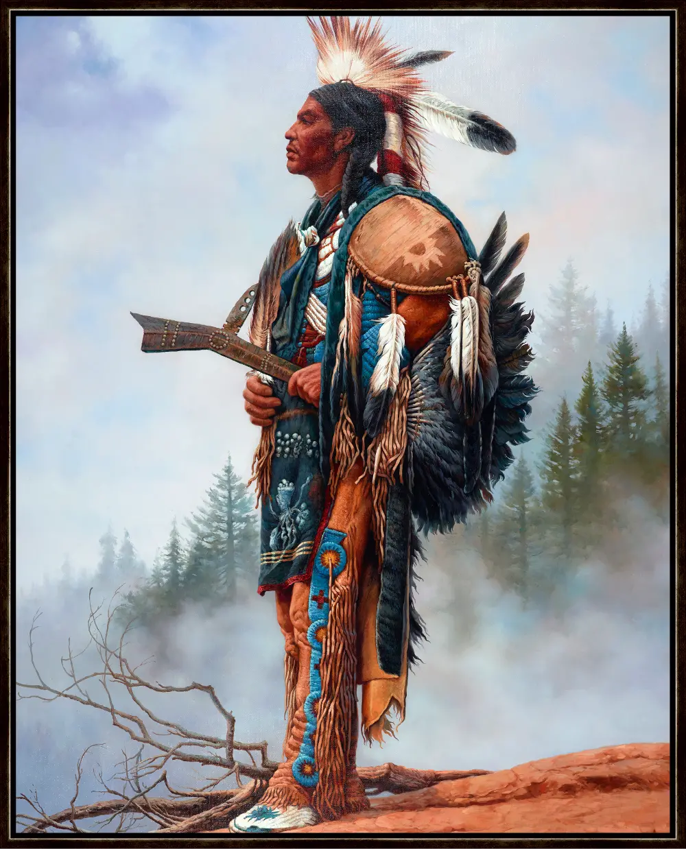 Multi Color Standing Native American Framed Canvas Wall Art-1
